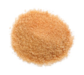 Photo of Pile of brown sugar on white background, top view