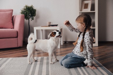 Photo of Cute little girl feeding her dog at home. Childhood pet
