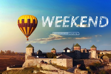 Weekend coming soon. Illustration of progress bar and beautiful view of hot air balloon flying near castle