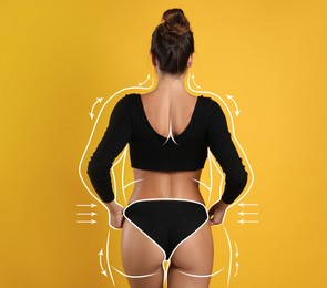 Slim woman after weight loss on yellow background, back view 