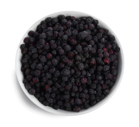 Photo of Freeze dried blueberries in bowl on white background, top view