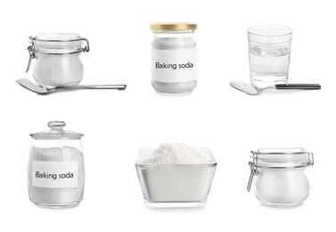 Set with different kitchenware and baking soda on white background