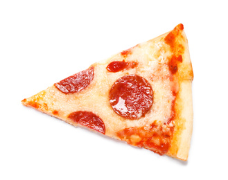 Slice of hot delicious pepperoni pizza on white background, top view