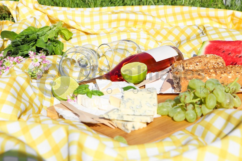Picnic blanket with delicious food and wine outdoors on sunny day
