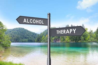 Alcohol addiction: what to choose - therapy or life with bad habit? Signpost with different directions against beautiful mountain landscape