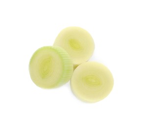 Fresh raw leek slices on white background, above view