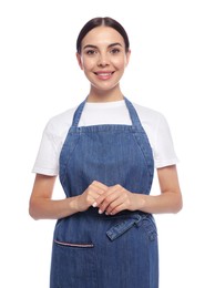 Young woman in blue jeans apron on white background