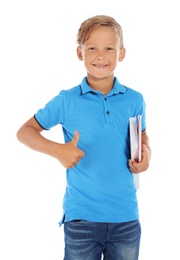 Little child with school supplies on white background
