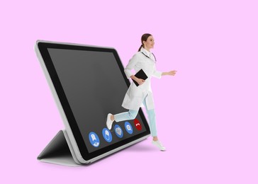 Online medicine. Doctor and modern tablet on pink background