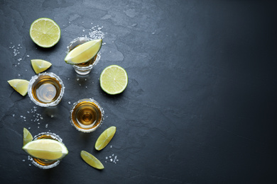 Mexican Tequila shots with salt and lime slices on grey table, flat lay. Space for text