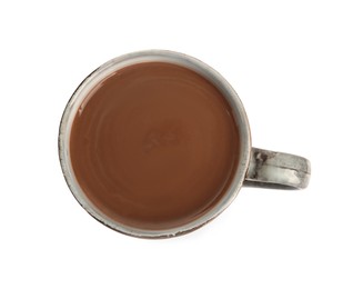 Cup of delicious hot chocolate isolated on white, top view