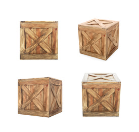 Set of old closed wooden crates on white background