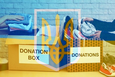 Double exposure of volunteers packing donation boxes and Ukrainian flag. Help during war