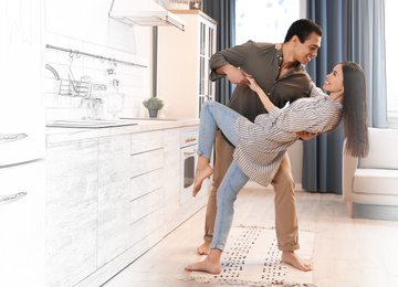 Lovely young interracial couple dancing in their new house 