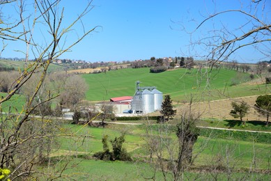 Photo of Modern granaries for storing cereal grains outdoors on sunny day
