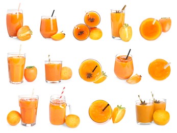 Set with tasty persimmon smoothies on white background