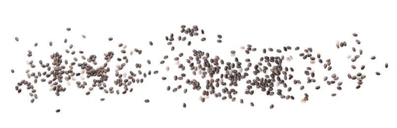 Image of Set with chia seeds on white background, top view. Banner design