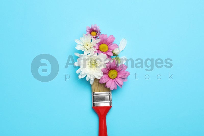 Brush painting with chrysanthemum flowers on light blue background, top view. Creative concept