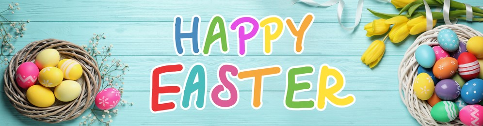Happy Easter. Flat lay composition with colorful eggs and tulip flowers on light blue wooden background