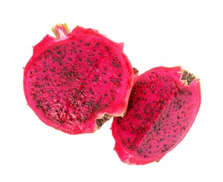 Delicious cut red pitahaya fruit on white background, top view