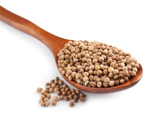 Photo of Dried coriander seeds with wooden spoon on white background