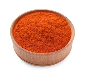 Photo of Aromatic paprika powder in wooden bowl on white background