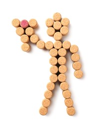 Man with grape made of wine bottle corks isolated on white, top view