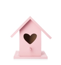 Beautiful pink bird house with heart shaped hole isolated on white