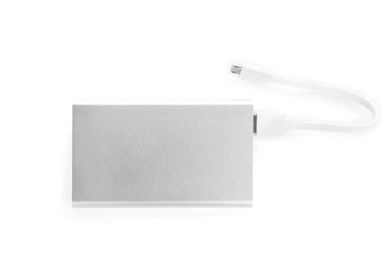 Modern external portable charger with cable isolated on white, top view