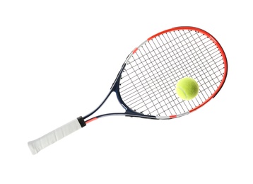Tennis racket and ball on white background. Sports equipment