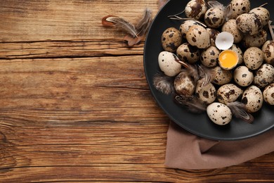 Plate with quail eggs on wooden table, top view. Space for text