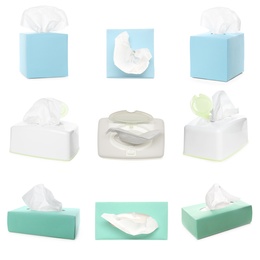 Set with paper tissues on white background 