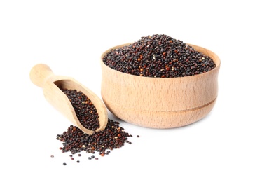 Bowl and scoop with black quinoa on white background