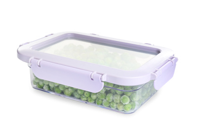 Frozen peas in plastic container isolated on white. Vegetable preservation