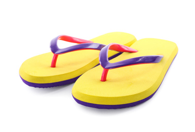 Pair of stylish yellow flip flops isolated on white. Beach object