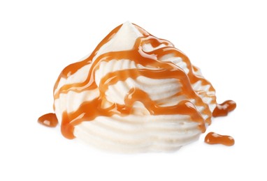 Delicious fresh whipped cream with caramel sauce isolated on white