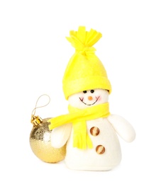 Cute snowman toy and golden Christmas ball isolated on white