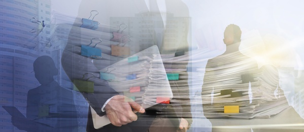 Image of Multiple exposure of business people, documents and cityscape. Banner design