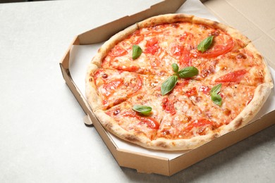Photo of Hot cheese pizza Margherita on light table