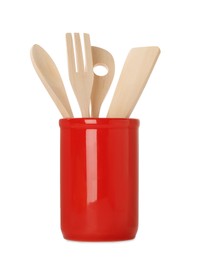 Set of kitchen utensils in red holder isolated on white
