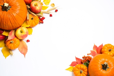 Frame of ripe pumpkins and autumn leaves on white background, flat lay with space for text. Happy Thanksgiving day