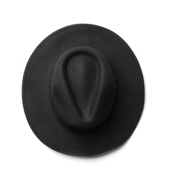 Photo of Stylish black hat isolated on white, top view