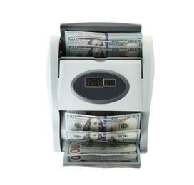 Modern electronic bill counter with money on white background, top view