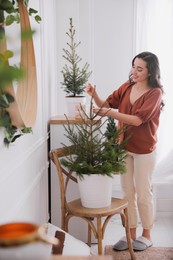 Woman decorating potted fir tree with Christmas lights at home