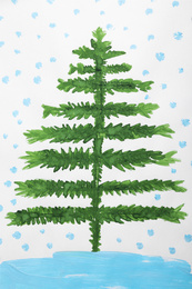 Child's painting of fir tree on white paper