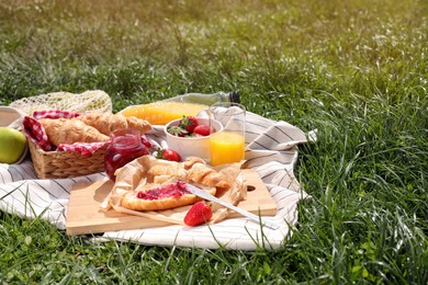 Blanket with different products on green grass, space text. Summer picnic