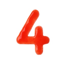 Photo of Number 4 written with red sauce on white background