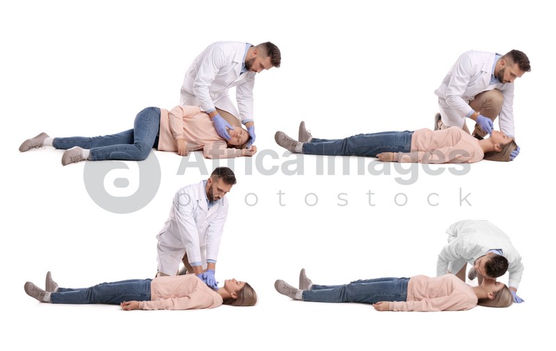 Doctor performing first aid on unconscious woman against white background, collage 