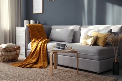 Stylish sofa with soft plaid in room. Idea for interior design