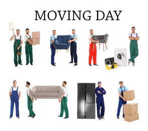 Collage with photos of workers carrying furniture and appliances on white background. Moving service